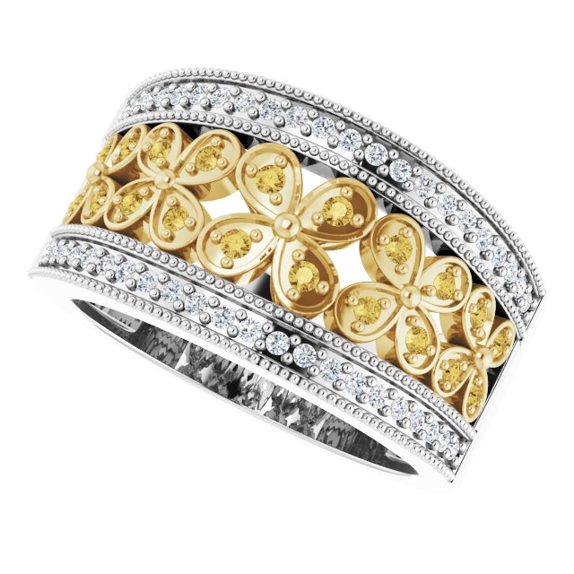 14K White/Yellow 3/8 CTW Yellow & White Natural Diamond Floral Ring 